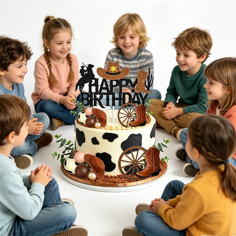 Western Cowboy Tortendekoration Glitzer Happy Birthday Junge Mädchen Cowboy-Themen Geburtstag Cupcake Picks Dekorationen Zubehör – Detail 4
