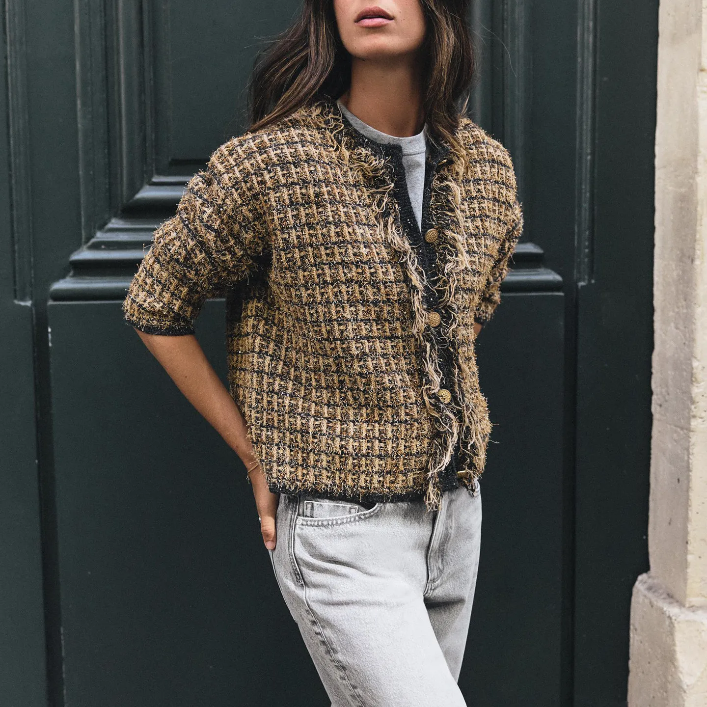 Women's Knitted Long Sleeve round Neck Frayed Metal Color Outerwear Casual Loose Fit Button Detail Plaid Pattern Autumn New A...