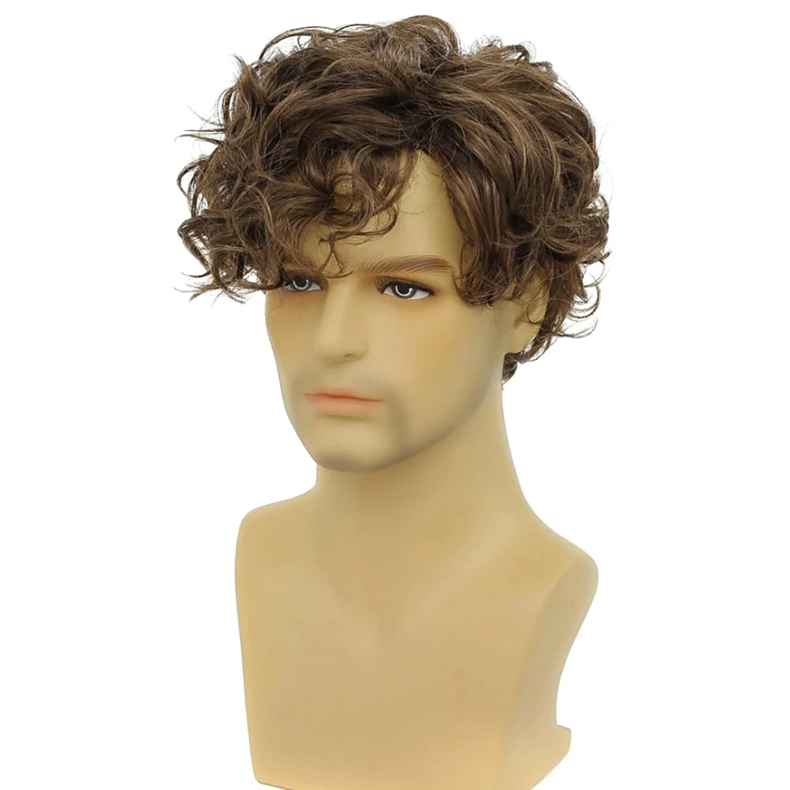 Men's Wig Short Fluffy Brown Rocker Wigs Long Bangs Naturally Curl Fake Hair Replacement For Men Boys Daily Use Hair Styling image 5