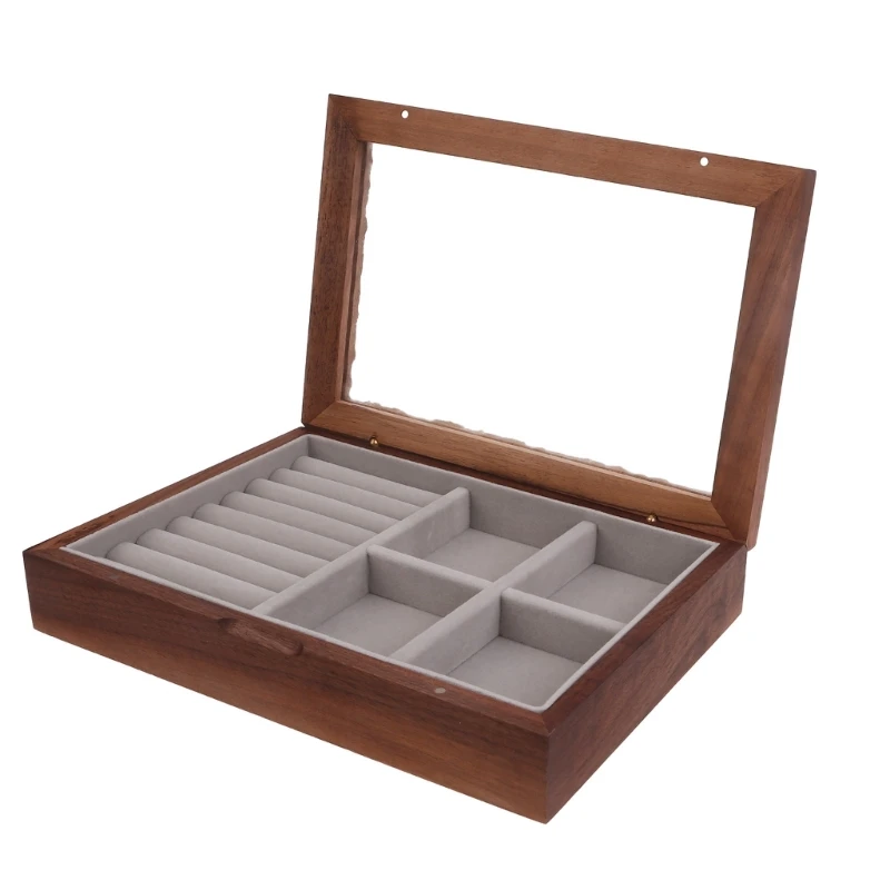 Wooden Jewelry Box with Glass Dustproof Flip Cover Women Cosmetics Storage Cases