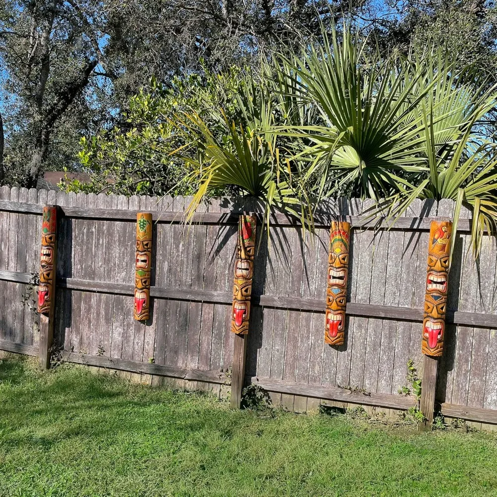 Set Van 5 Prachtige Met De Hand Gesneden Dubbele Tiki-Masker Totem Muursculpturen, 40 Inch Hoog, Gemaakt Van Duurzaam Hout