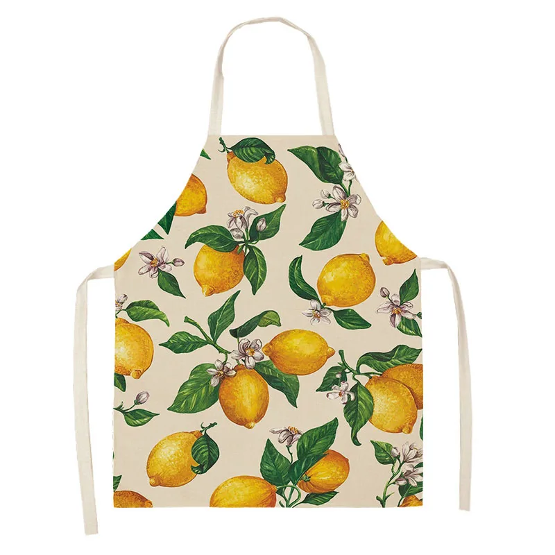 Home Kitchen Apron Women Cooking  Household Cleaning Cotton Linen Fruit Lemon Pattern Characteristic Design