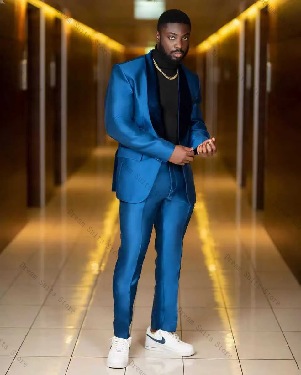 

Satin Blue Men Suit Set 2 Piece Blazer+Pants Trousers Customized Formal Business Office Jacket Wedding Tuxedos Male Coat