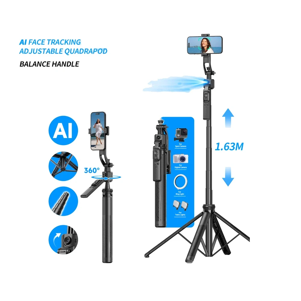 Aulidtech Auto Face Tracking Tripod for Phone 360 Degree Rotation Selfie Stick Gesture Control 1/4 Screw for Camera Fill Light