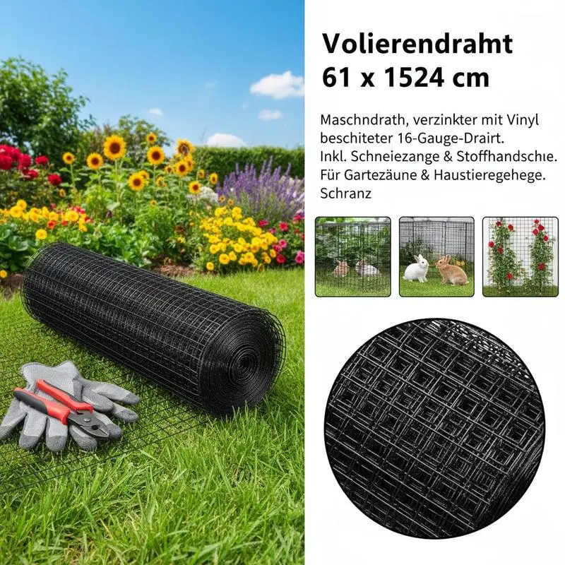 Metal Wire Mesh 24" x 50' 1" x 1" Grid For Vegetable Gardens Flower Beds Chicken Coops 16 Gauge Vinyl Coated Steel Welded Fencing Roll Black Includes Cutting Plier Fabric Gloves view 3