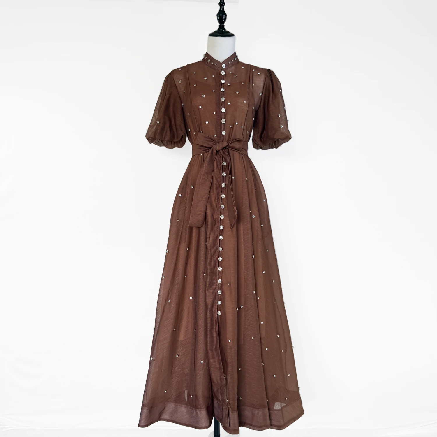 高級ビーズダイヤモンドイブニングウエディングドレス女性のためのスタンドカラーロングランタンスリーブシングルブレストベルト夏の女性の服