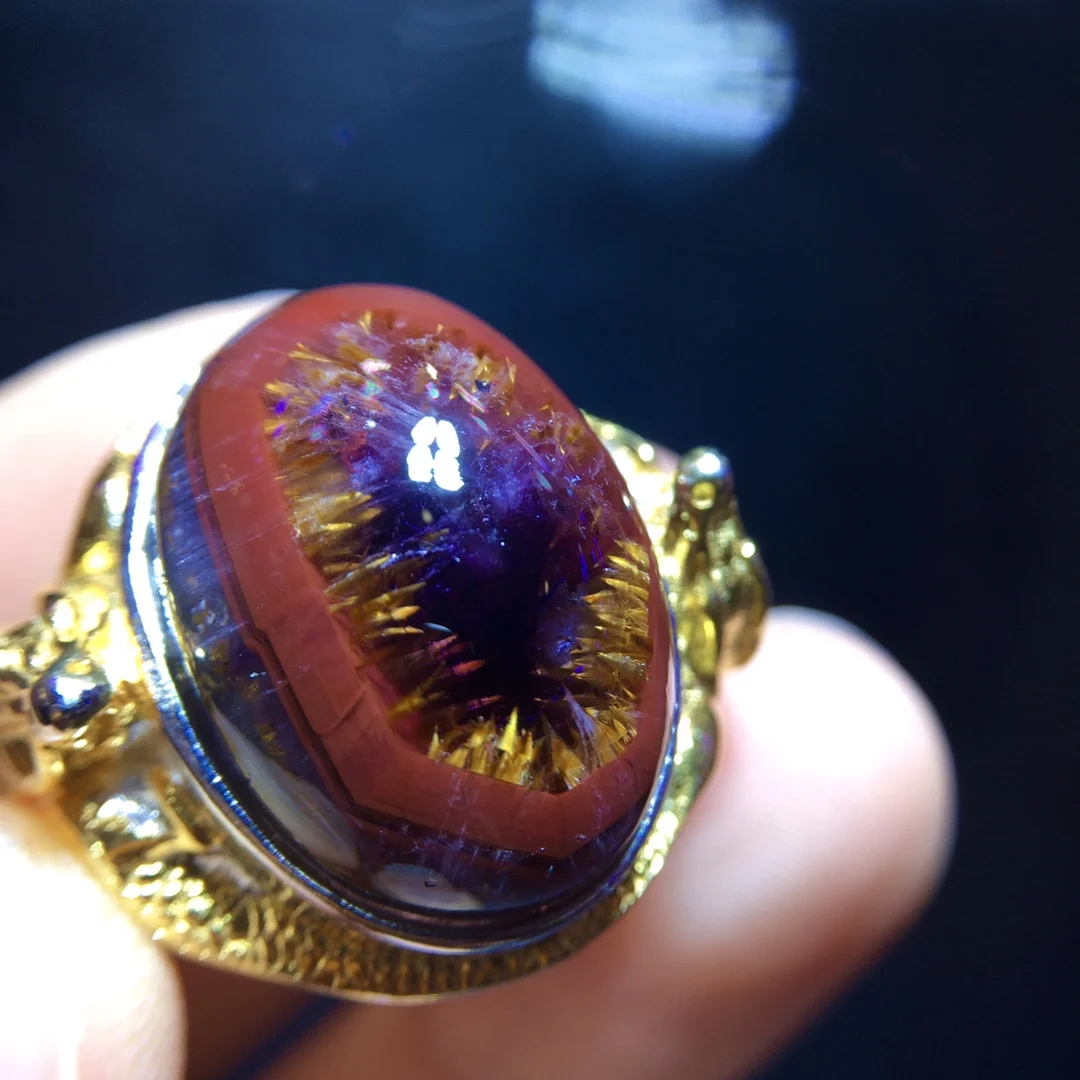 Natural Red Auralite 23 Cacoxenite Adjustable Ring 21.2/15.4mm Gold Rutilated Big Size Gift Ring Healing AAAAA