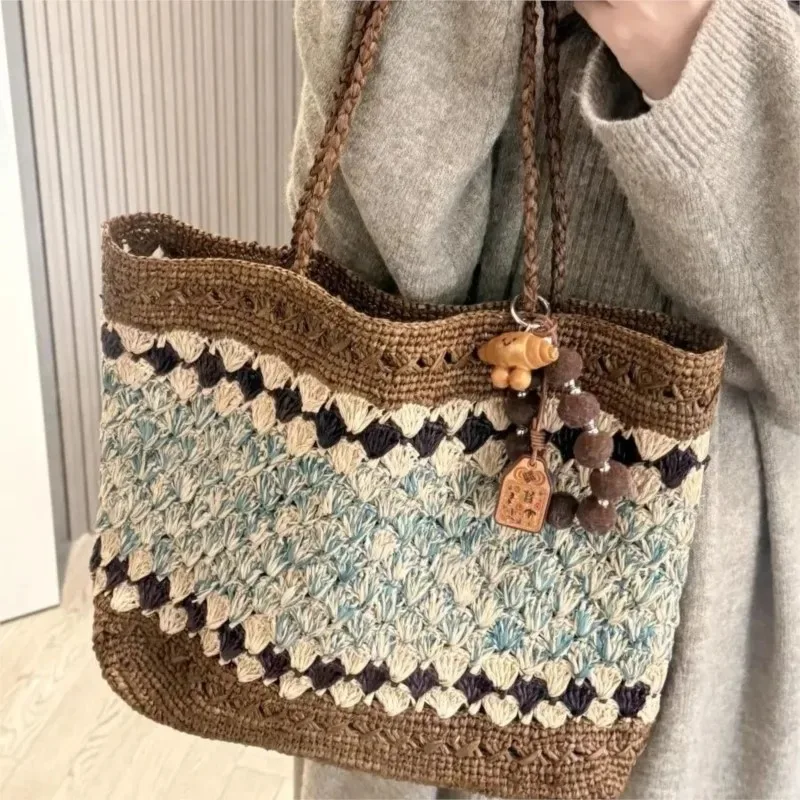 

Korean Vintage Ethnic Tote Bag Women Handmade Woven Large Capacity Shoulder Bag Casual Commute Ladies Handbag