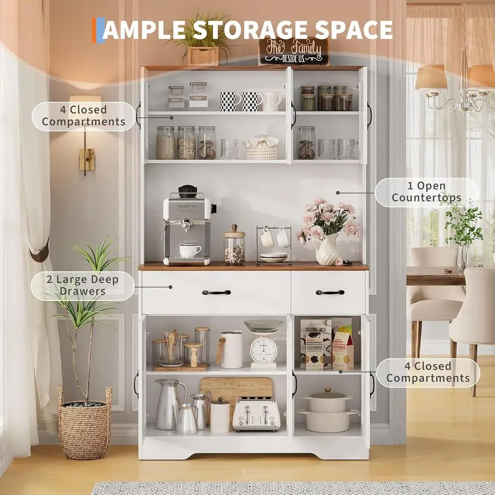 خزانة مطبخ بيضاء على طراز المزرعة مع أدراج وأرفف أبواب وأرفف قابلة للتعديل، بما في ذلك رفًا واحدًا في الميكروويف