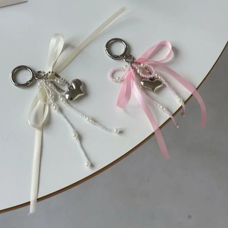 Imitation Pearl Bow Key Ring Ribbon Beaded Keychain Korean Style Hanging Accessories Y2k Heart Bag Pendant Key Chain Gifts