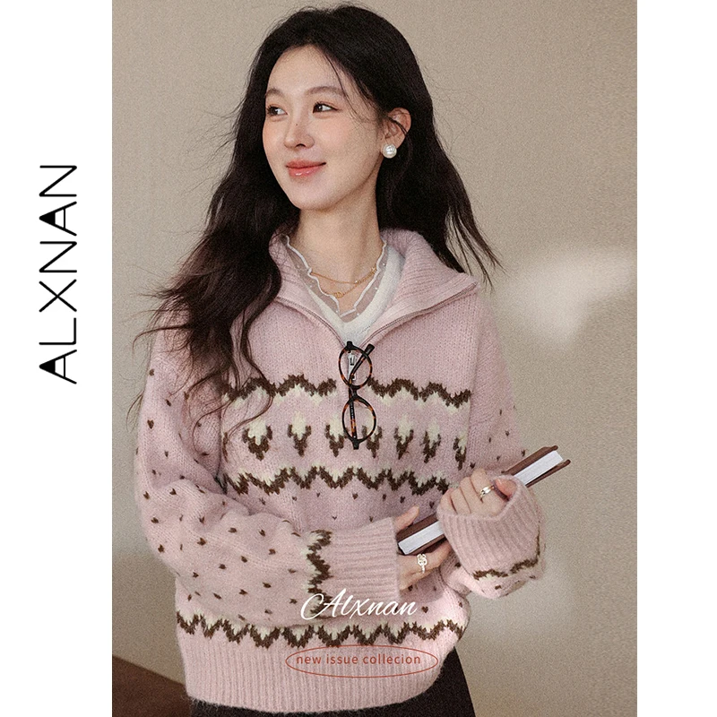 

ALXNAN женский розовый свитер Fair Isle во французском стиле с воротником на молнии вязаные пуловеры осень-зима свободные вязаные топы женские L60165