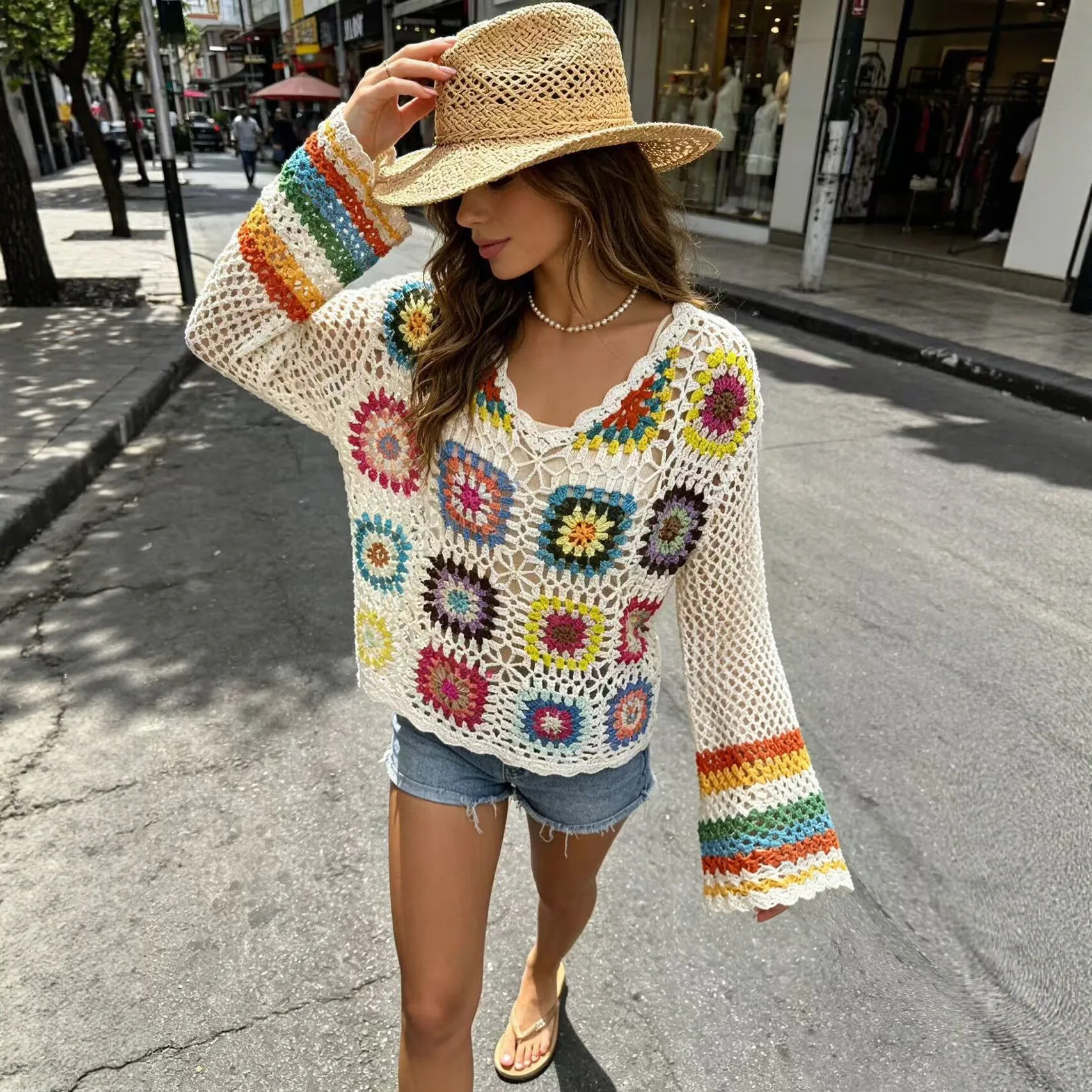 Boho Clothing Blouse Crochet Tunic Women's Cover-up Bell Sleeve Blouses Floral Wavy Neck Beach Blouse For The Beachwear