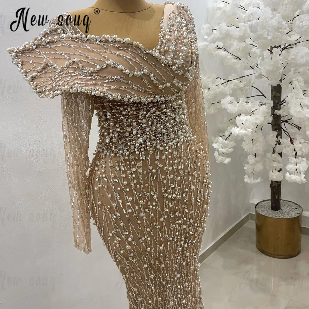 

Dubai Muslim Champagne Evening Dress Luxury Pearls Mermaid Wedding Party Gowns Long Sleeve Mermaid Formal Prom Dress Custom 2024