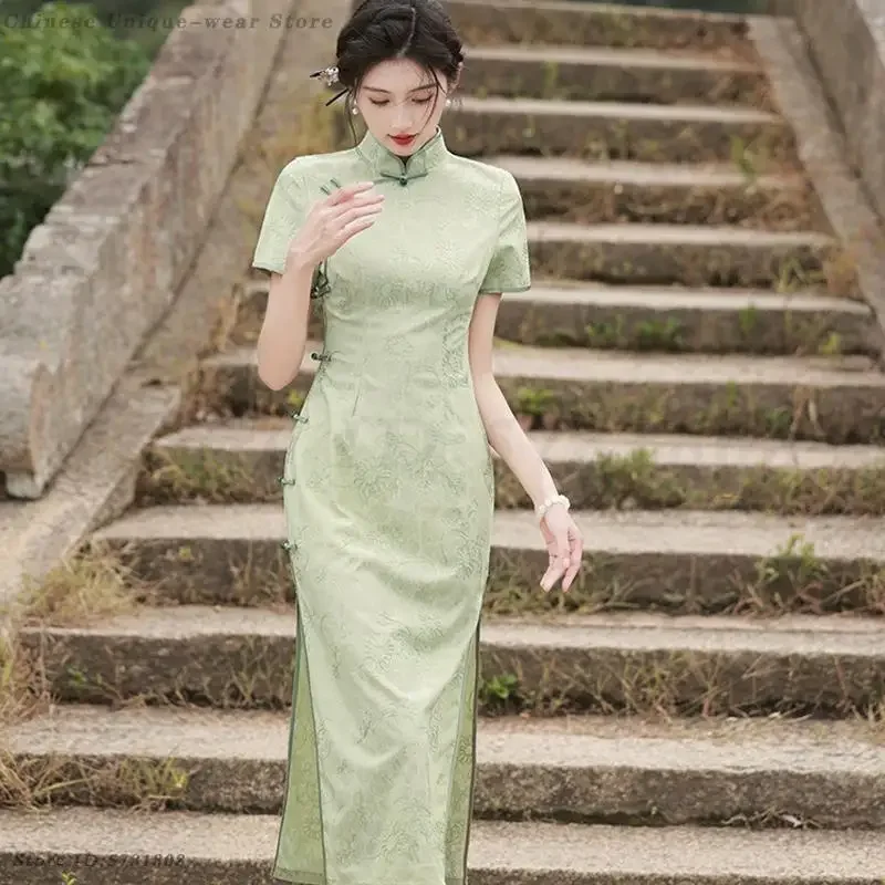 

Lady Summer Improved Qipao Green Print Cheongsam Long Vestidos Women Chinese Traditional Dress Gown Short Sleeve Cheongsams