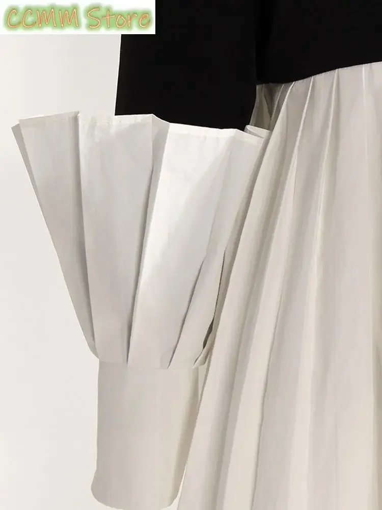 Women Black White Pleated Color-block Blazer New Lapel Long Sleeve Loose Fit Jacket Fashion Tide Spring Autumn