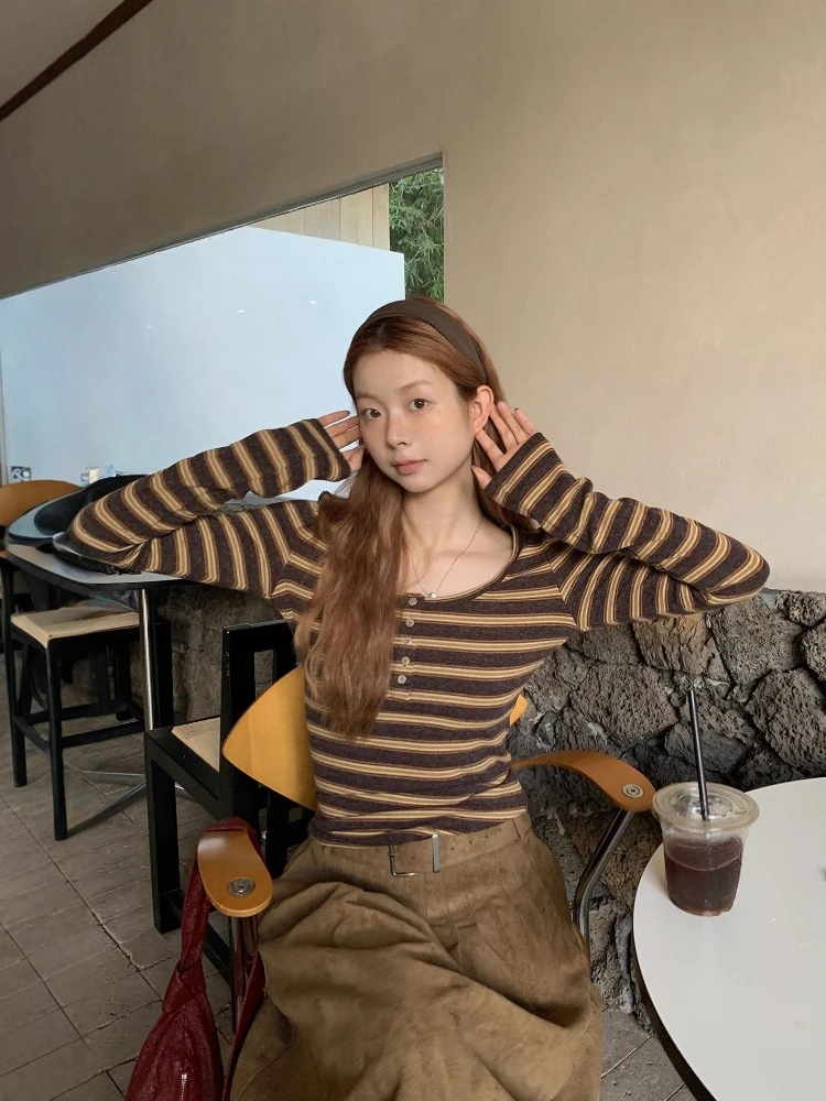 

Korean Contrast Color Striped Sweater For Women Autumn Clothing Fashion Knitting Pullovers Vintage Casual Button Slim Fit Jumper