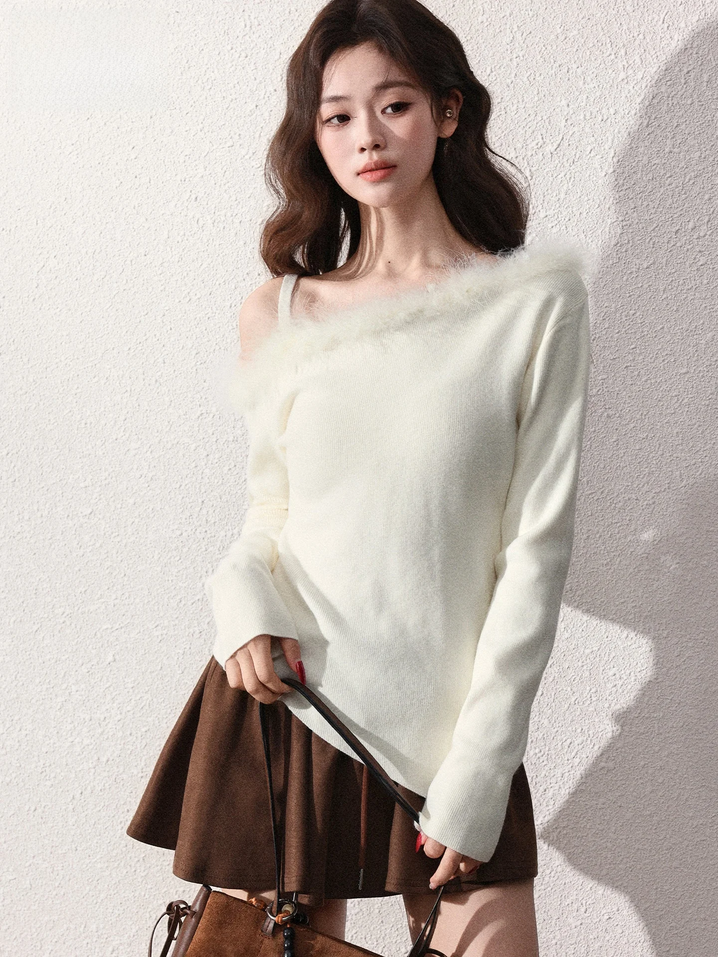 

White Fluffy Knitted Sweater Women's Loose Slimming Summer Casual Style Long Sleeve Top Trendy Shoulder Strap Knitwear