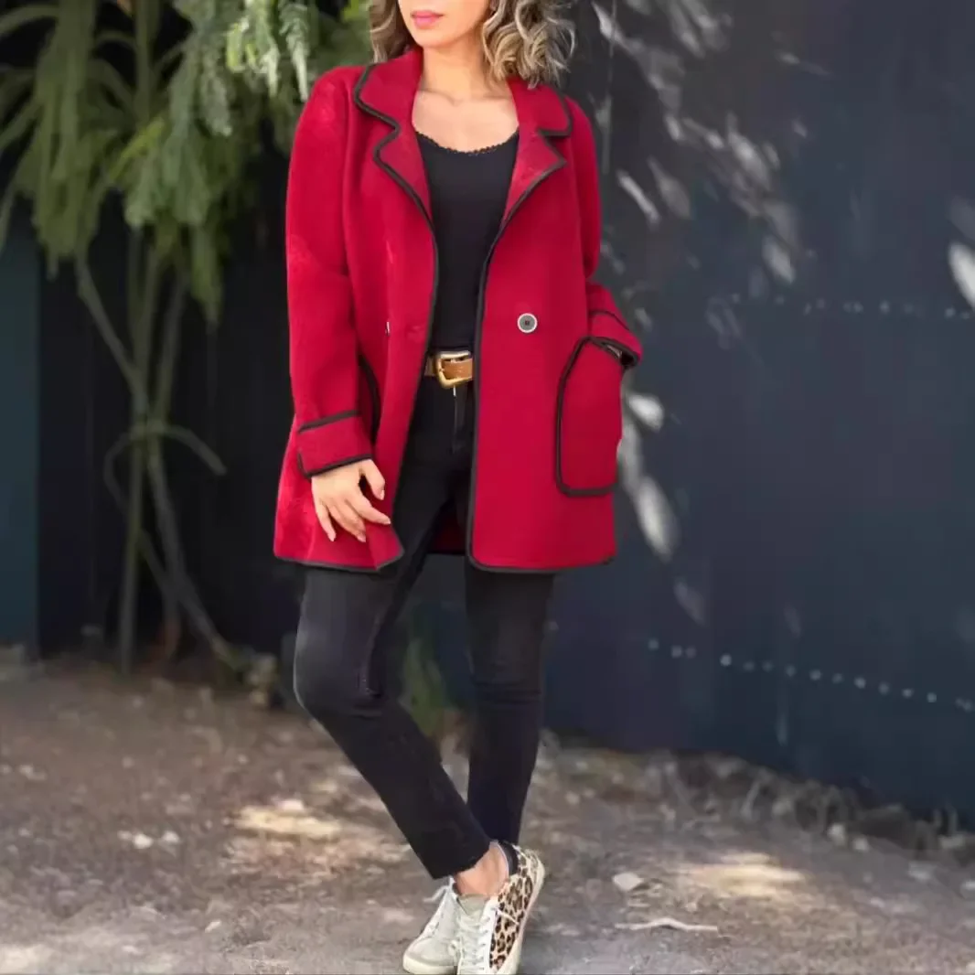 Wool Blends Coats Women Turn Down Collar Full Sleeve Temperament Elegant Splice Autumn Open Sttich Jackets Casual Coat