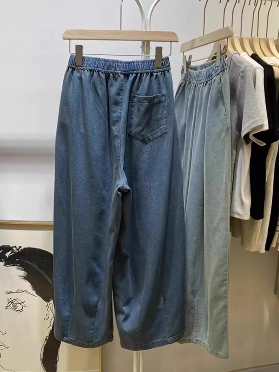 Celana Jeans Wanita High Waist Vintage Warna Pudar Model Kaki Lebar Tipis Musim Panas, Celana Sembilan Bagian High Waist Kaki Lebar Vintage Warna Pudar