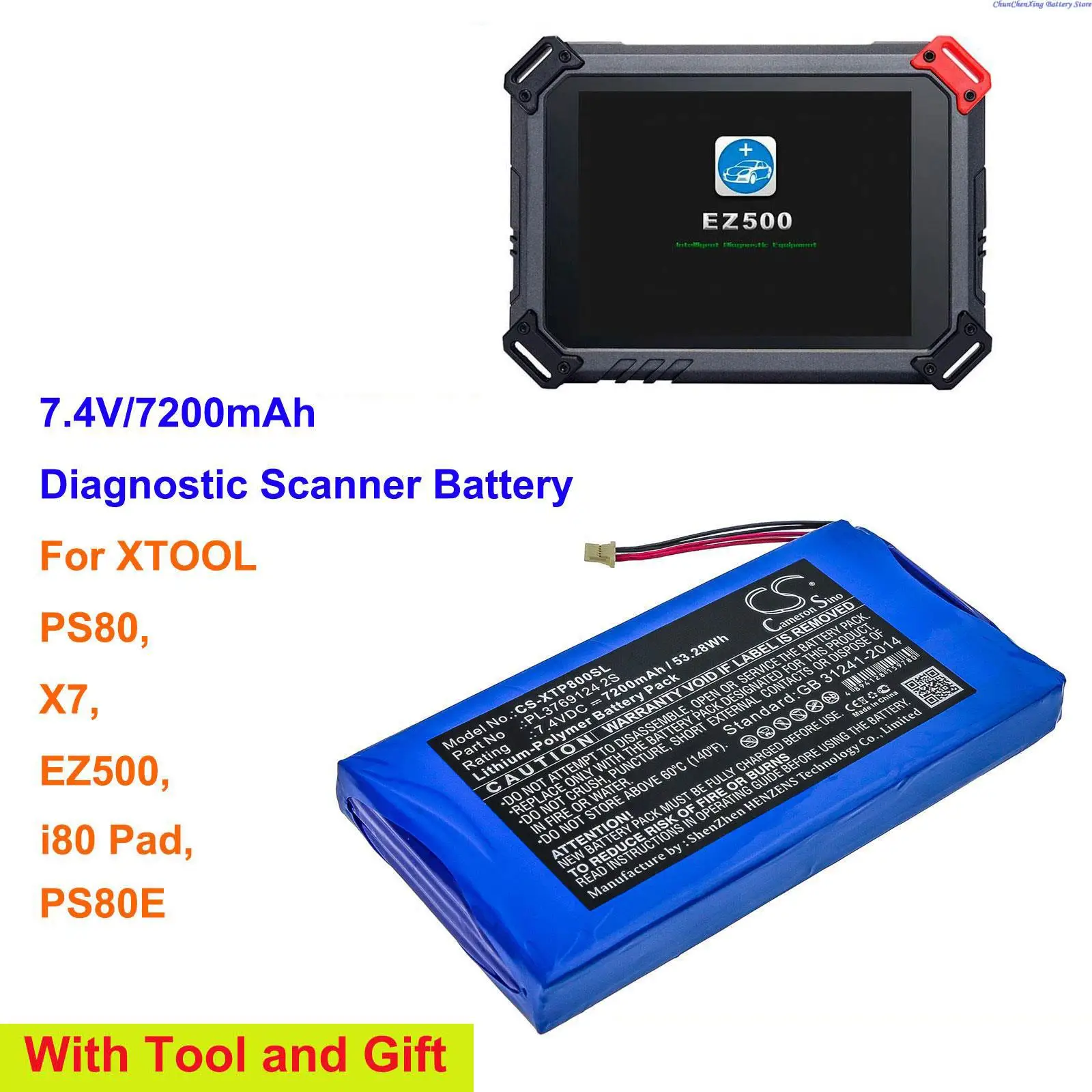 CS 7.4V 7200mAh Diagnostic Scanner Battery PL3769124 2S for XTOOL PS90,PS90HD,PS80,X7,EZ500,i80 Pad,PS80E,PS90 Pro +TOOL