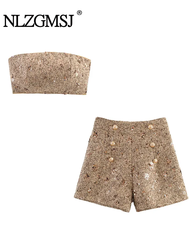 NLZGSMJ ผู้หญิงเลื่อมตกแต่งชุดเสื้อแขนกุดเสื้อทรงสลิมกางเกงขาสั้นชุดปาร์ตี้วันหยุดชุด 2 ชิ้น