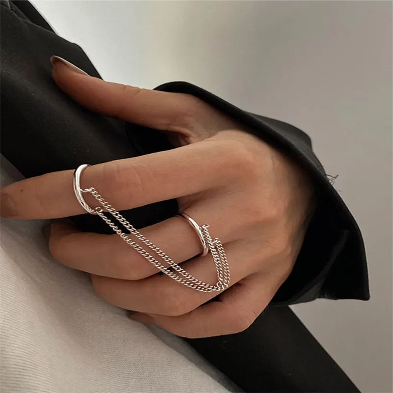 Korean Fashion Personality Adjustable Finger Rings for Women Men Punk Cool Trend Double Chain Double Ring Jewelry Anillos Mujer