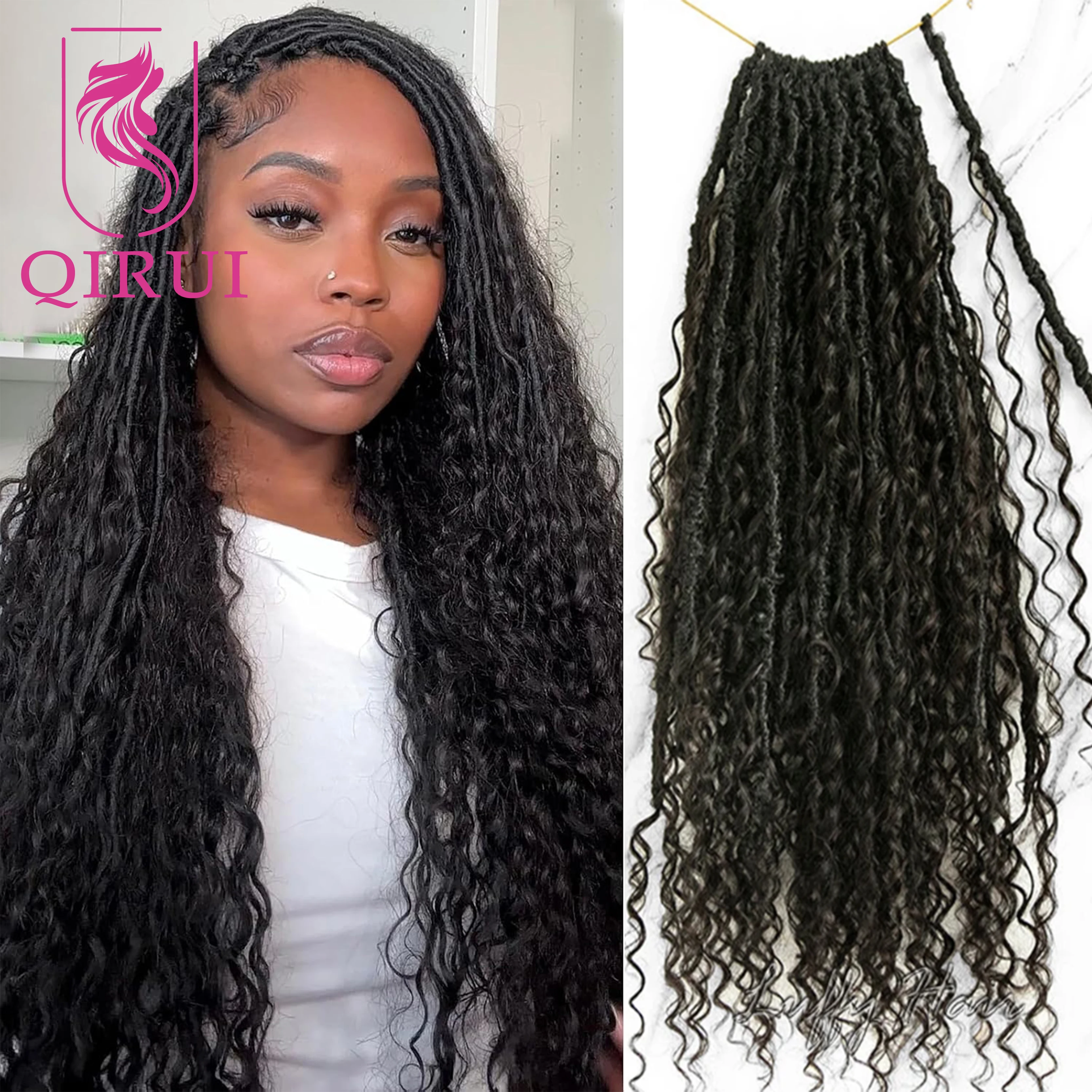 Crochet Boho Locs with Human Hair Curls Pre-looped Goddess Crochet Locs Curly Ends Human Hair Soft Dreadlocks Braiding Hair