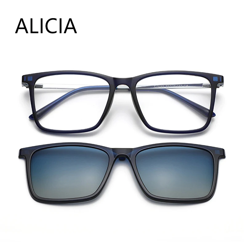 ALICIA Man Woman Fashion Square Eyeglasses Magnetic Clip-on Glasses Polarized Sunglasses UV400 Optical Prescription Frames