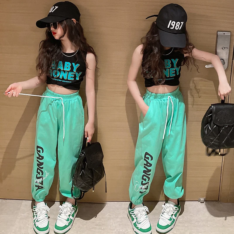 Girls Hip Hop Dance Costumes Vest Loose Pants Kids Street Dancing Outfit Children Modern Clothes Stage Performance Wear DN6110