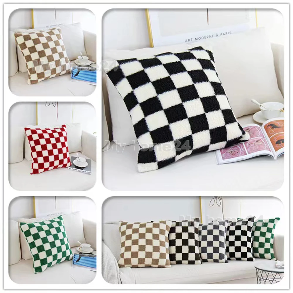 1Pc 45*45cm 50*50cm Checkerboard Plaid Plush Cushion Cover Knitted Car Sofa Throw Pillow Cover Short Fleece Pillowcase Cushion