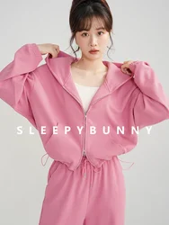 2025 Spring Pink Sports Hoodie Set Women Loose Fit Drop Shoulder Crop Top and Relaxed Sweatpants Petite Friendly Loungewear