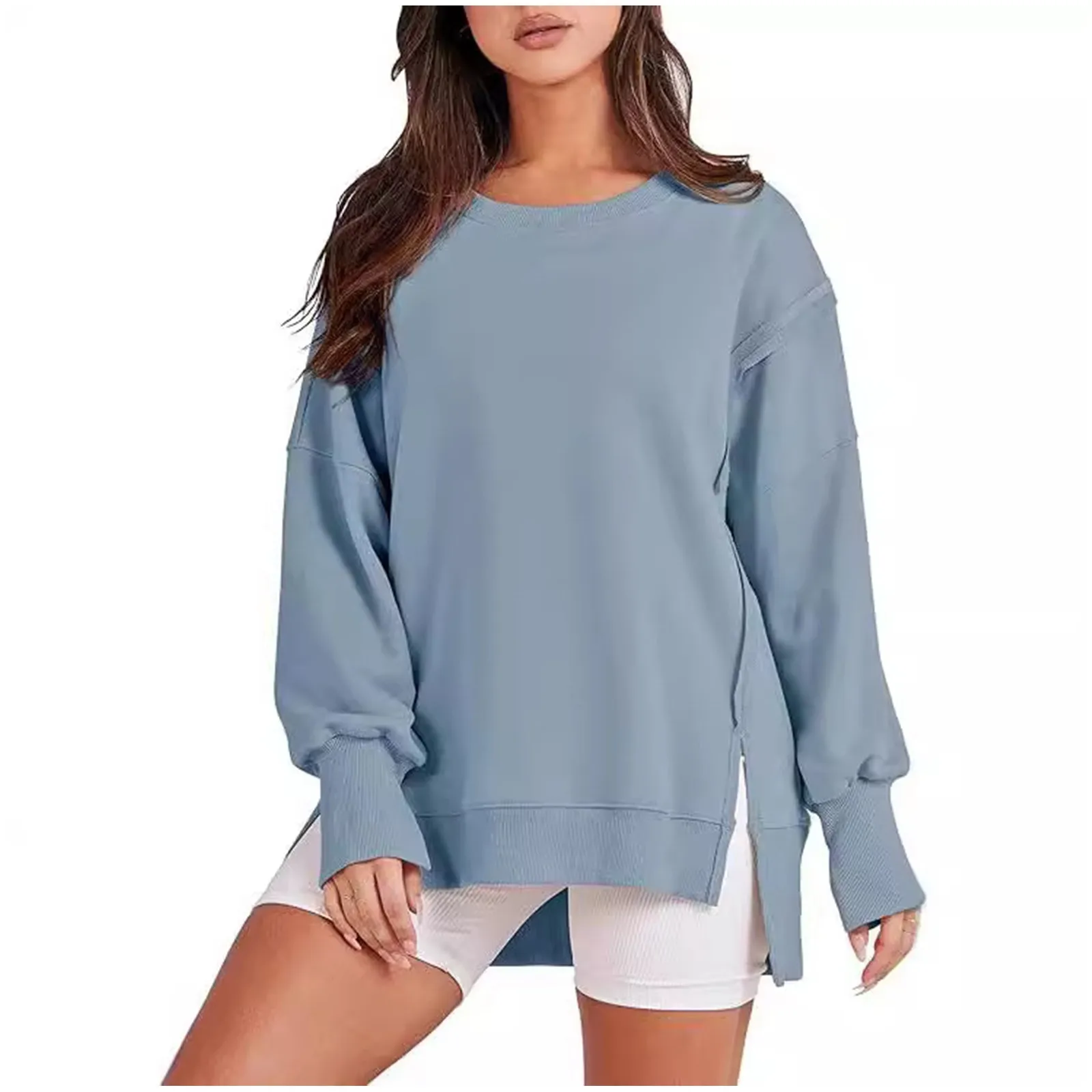 2024 New Round Neck Long Sleeve Pullover Top Edge Slit Stitching Solid Color Sweatshirt Women Hot Loose Fit Casual Hoodie