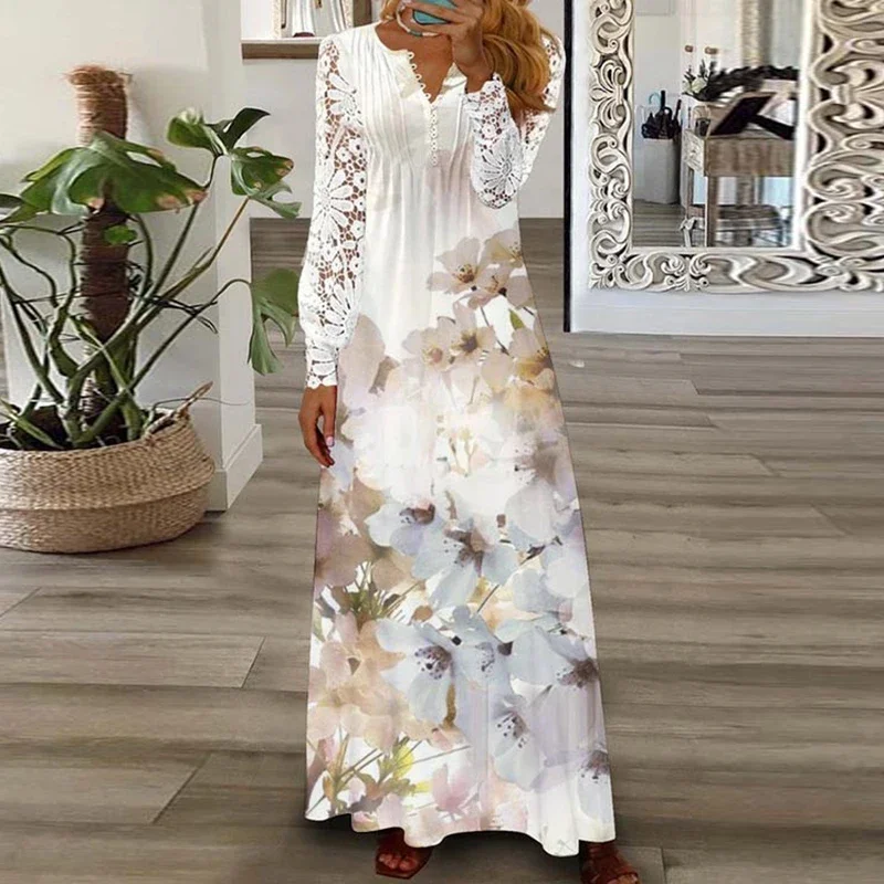 

Women Patchwork Button Boho Maxi Dress Casual High Waist Pleats Beach Dresses Fashion Lace Long Sleeve V Neck Floral Print Dress