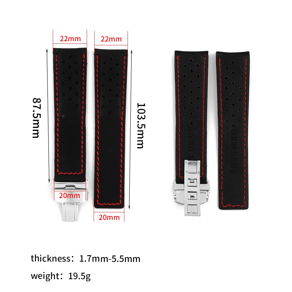 Genuine Leather Black Watchband Breathable Watch Strap Red Stitched 22mm With Stainless Steel Butterfly Buckle Watch Band