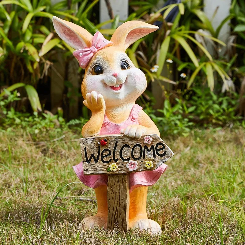 Large Solar Powered Rabbit Welcome Sign Garden Decor Statue for Kindergarten Cute Courtyard Ornament Light Up Animal Figurine