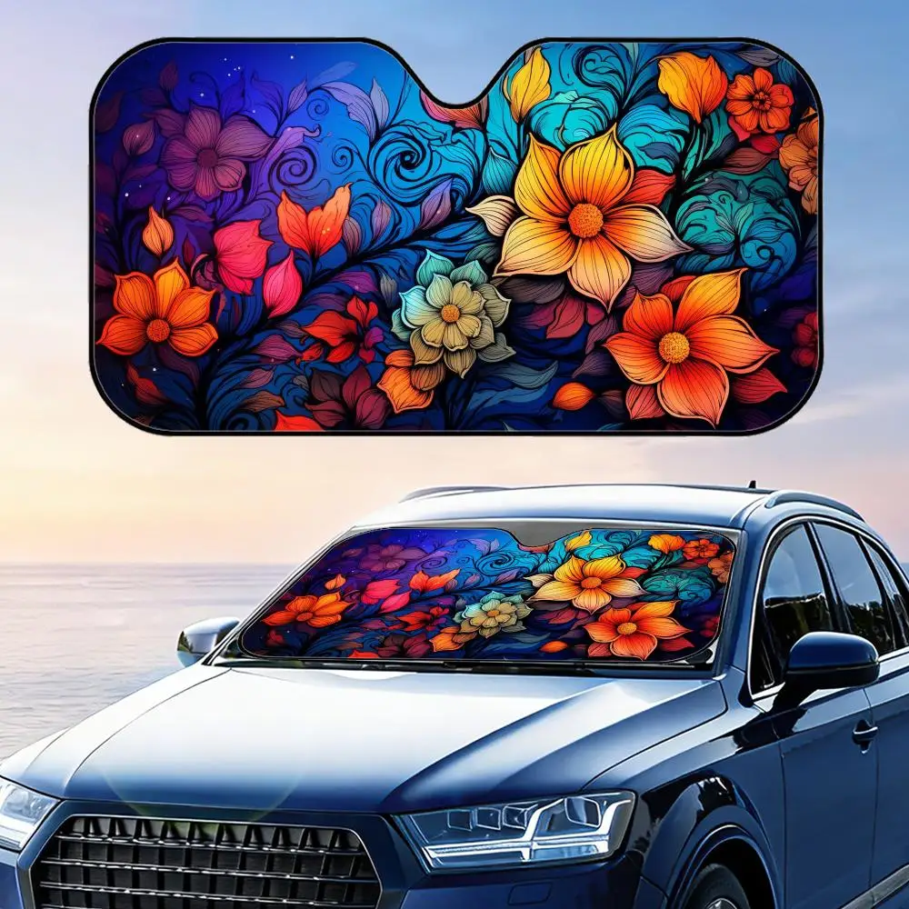 

Abstract Colorful Floral Sun Visor Foldable Universal Car Windshield Sun Shade UV Protection Heat Insulation Foldable Cover