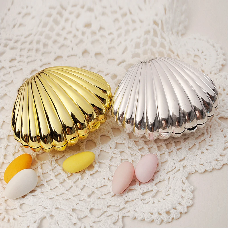 Gold Silver Shell Favor Candy Boxes Wedding Gift Box Biscuit Cookies Packaging Box Jewelry Storage Organizer Party Supplies