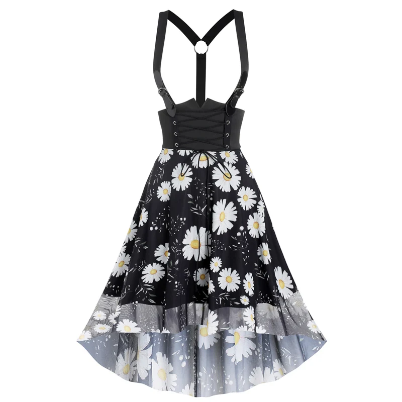 Casual Dip Hem Skirts Y Lined Lace Up Daisy Print Suspender Dress Girl Party Midi Summer Mesh Skirts