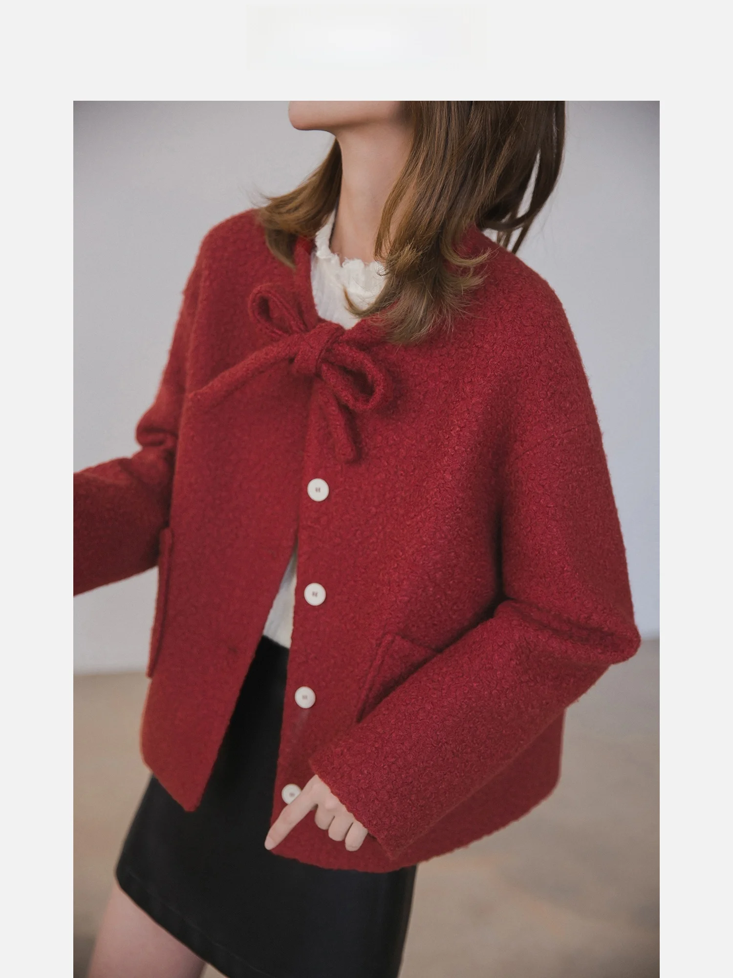 

Red Wine Color Woolen Coat ort Sle Women's Faion Knot Winter Outerwear Korean Version Polyester Fiber