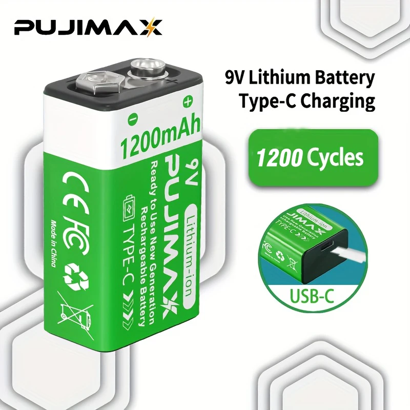 PUJIMAX 9V Battery 1200mAh Li-ion Rechargeable Battery Type-C Batteries 9V Lithium for Multimeter Microphone Toy Remote Control