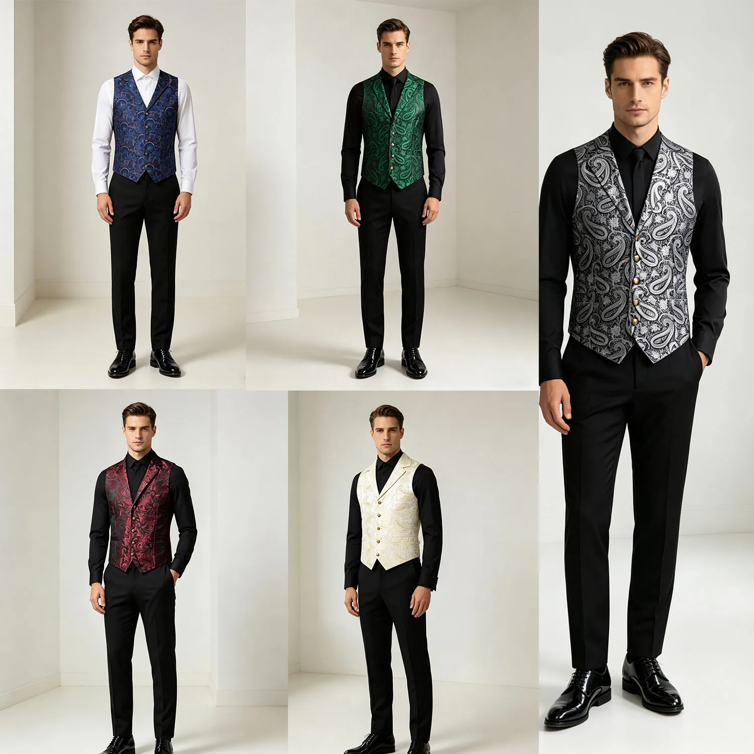 

Formal Luxury Paisley Jacqaurd Mens Vest Party Wedding Solid Waistcoat Red Pink Pocket Square Tie Suit Set