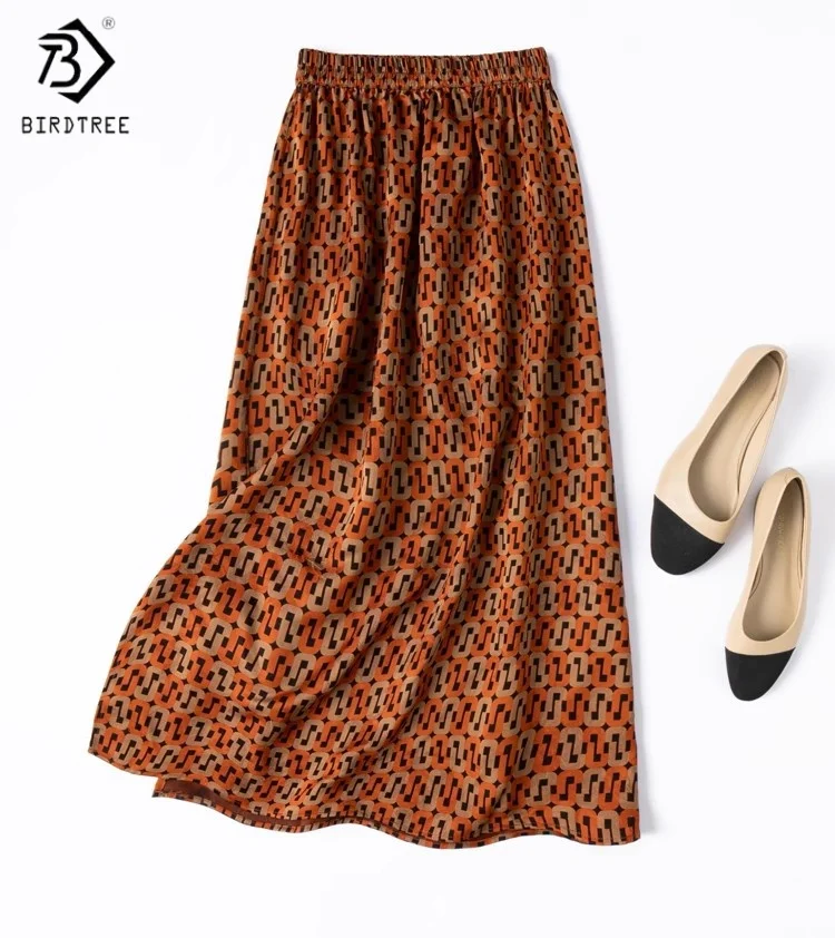 

Birdtree Летняя юбка из 100% тутового шелка, женская жаккардовая эластичная талия с элегантным принтом, свободная юбка с разрезом на бедрах, новинка 2025 D56315JF