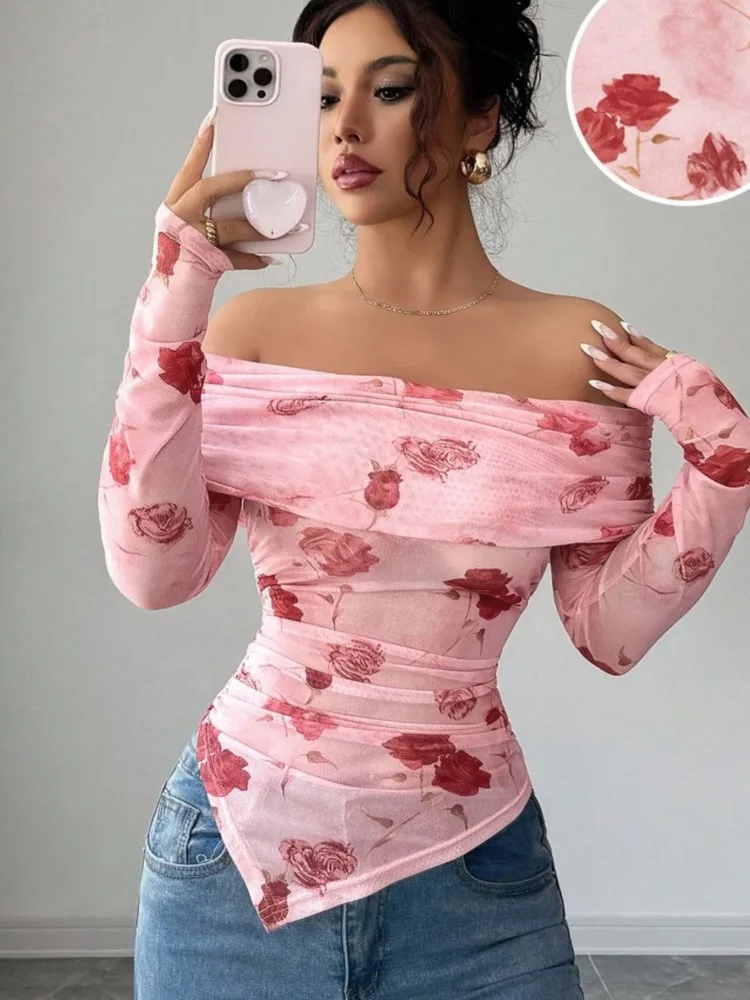 

Women's Clothing One-length Slim Fit Pleated Edges Irregular Versatile Printed Top Simple Style Off Shoulder One Line Neck Mesh