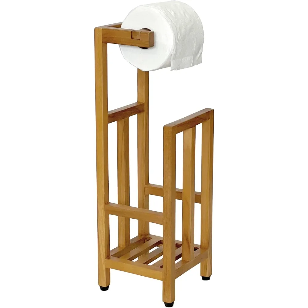 

Freestanding Teak Toilet Paper Stand with Reserve Roll Storage for Bathrooms