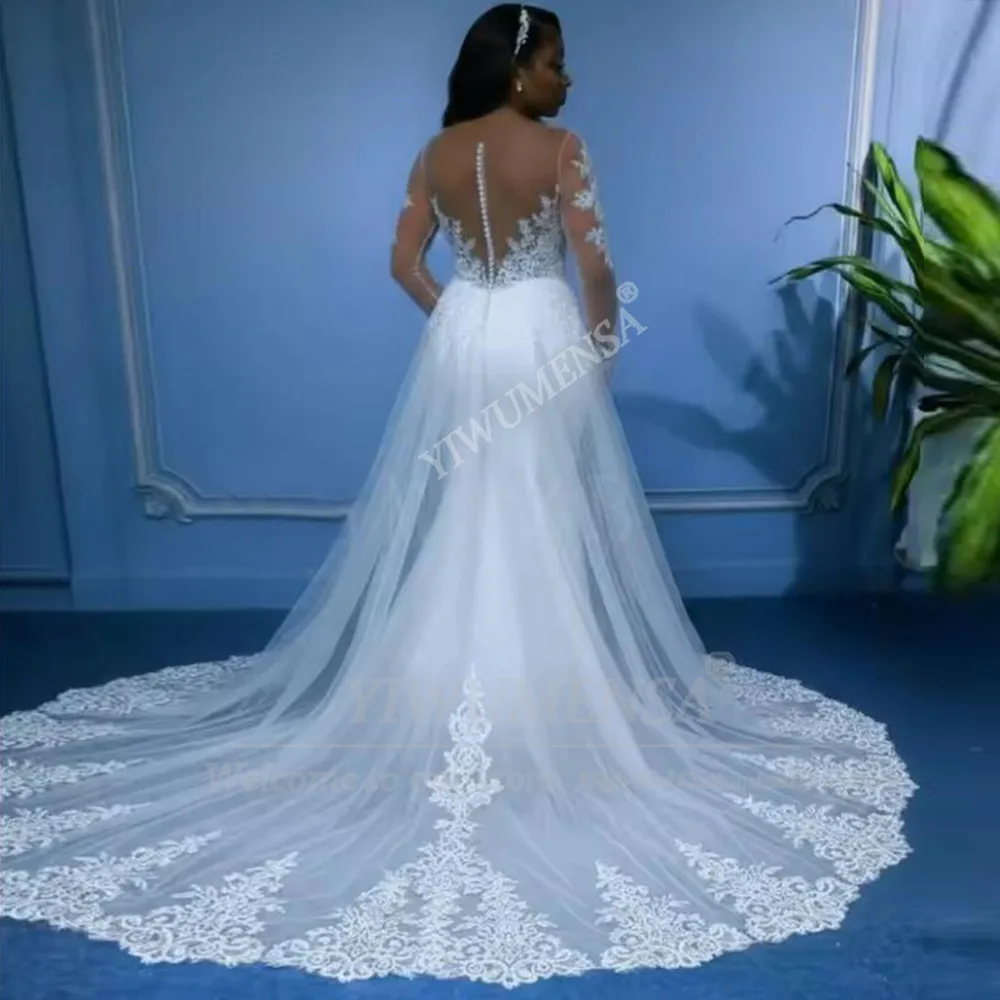 高級レースアップリケマーメイドウェディングドレス花嫁のためのイリュージョン長袖ブライダルガウン取り外し可能なトレイン付きローブデマリー