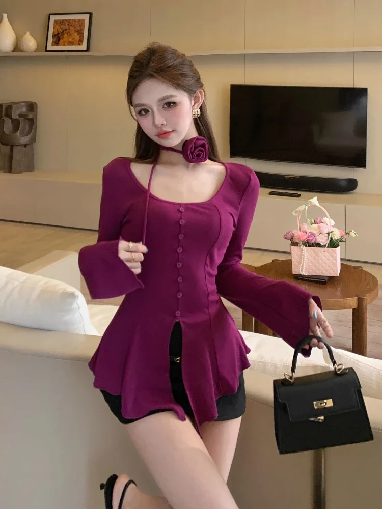 Solid Sweaters Women Hotsweet Flare Sleeve Spring Autumn Irregular Slim Elegant French Style Aesthetic Temperament Exquisite