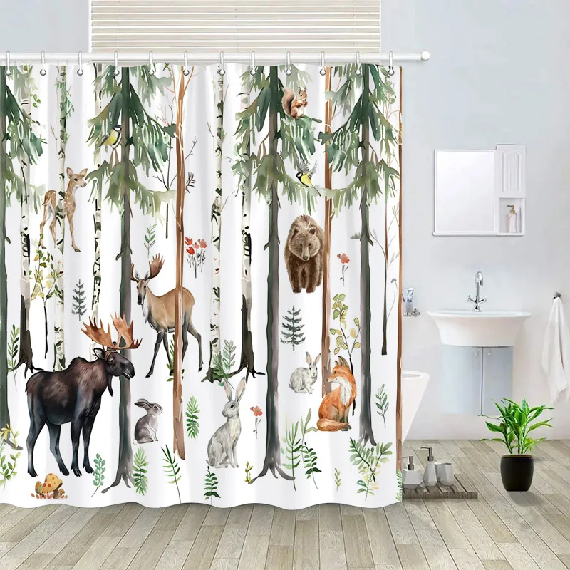 Forest Animals Shower Curtains Brown Bear Fox Rabbit Deer Moose Squirrel Winter Scenery Bathroom Decor Fabric Bath Curtain Set