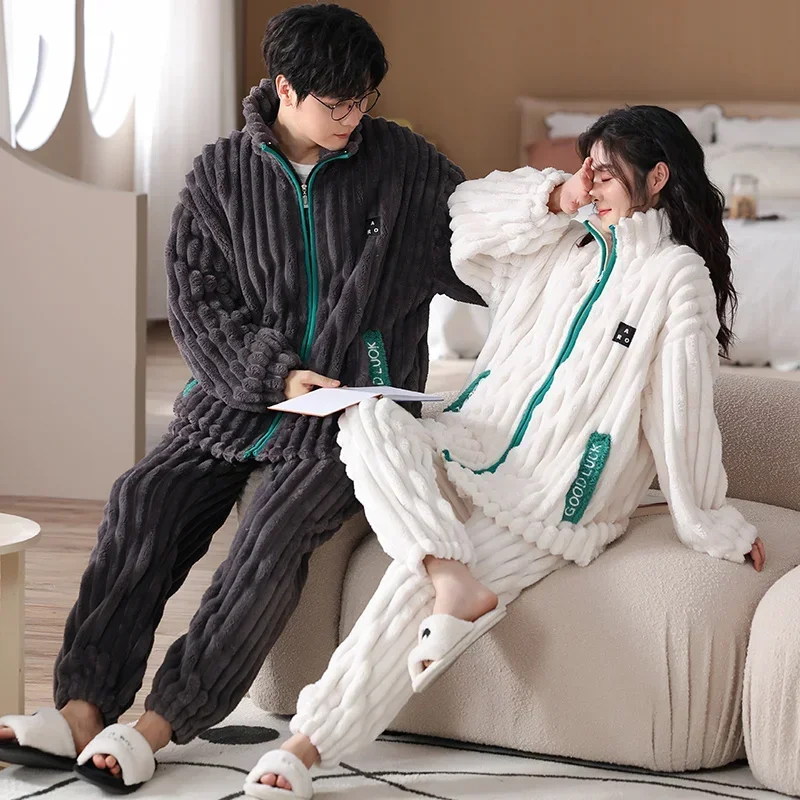 2024 Winter Warm Pajamas Set for Lovers Zipper Sport Style Nightwear Women Cardigan Flannel Lounge Set  pijama mujer pyjamas men