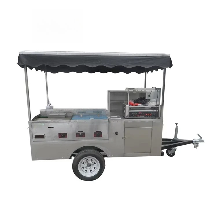 JX-HS200D Mobile Gas/Electric Food Stall Aluminum Grill and 2 Fryers Cart with Double Sinks for Snack Food and Fried Chicken