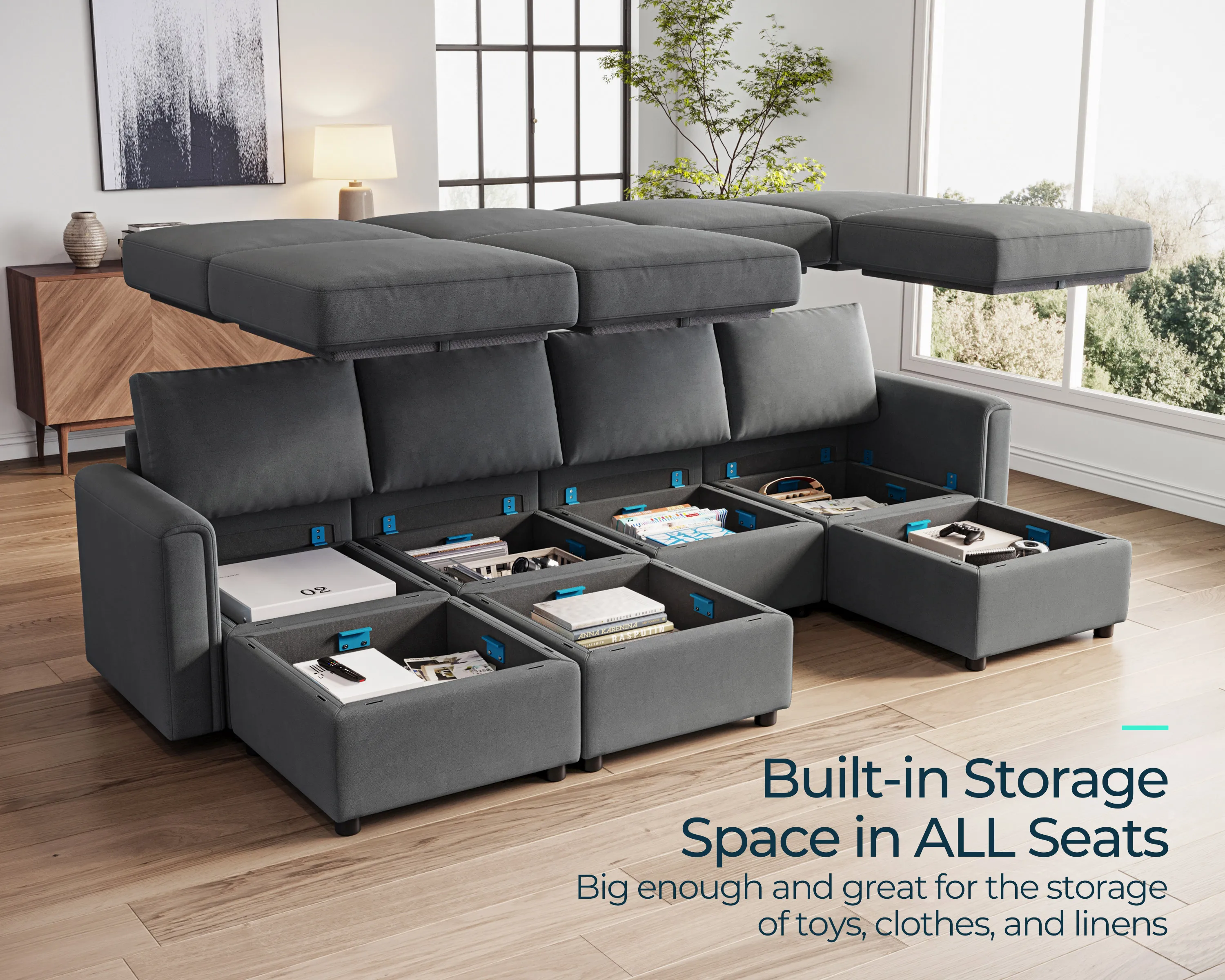 LINSY HOME 7 Seats Modular Sofa, Sectional U Shaped Sofa Couch with Storage, Modular Sectionals Sofa with Ottomans and Chaise